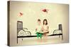 Cute Kids Sitting Together on the Bed and Reading Fairy Tales. Dream World.-prometeus-Stretched Canvas