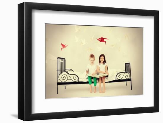 Cute Kids Sitting Together on the Bed and Reading Fairy Tales. Dream World.-prometeus-Framed Photographic Print