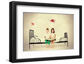 Cute Kids Sitting Together on the Bed and Reading Fairy Tales. Dream World.-prometeus-Framed Photographic Print