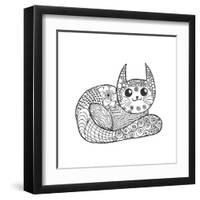 Cute Kitten. Black White Hand Drawn Doodle Animal. Ethnic Patterned Vector Illustration. African, I-Palomita-Framed Art Print