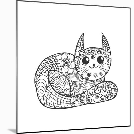 Cute Kitten. Black White Hand Drawn Doodle Animal. Ethnic Patterned Vector Illustration. African, I-Palomita-Mounted Art Print