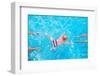 Cute Little Baby Swimming Underwater from Mother to Father in a Pool, Learning to Swim Lessons and-FamVeld-Framed Photographic Print