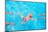 Cute Little Baby Swimming Underwater from Mother to Father in a Pool, Learning to Swim Lessons and-FamVeld-Mounted Photographic Print