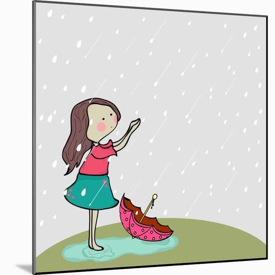 Cute Little Girl Enjoying Rains on Nature Background for Monsoon Season.-Allies Interactive-Mounted Art Print