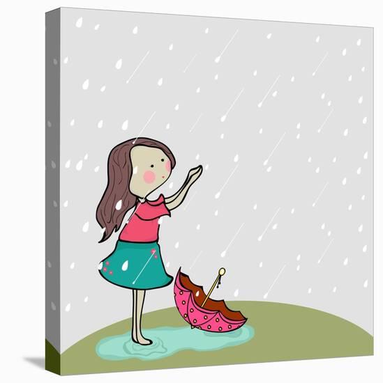 Cute Little Girl Enjoying Rains on Nature Background for Monsoon Season.-Allies Interactive-Stretched Canvas