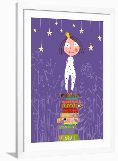 Cute Little Princess Girl Standing on Stack of Books in Pajamas. Child Reading Fairy Tales before G-Popmarleo-Framed Art Print