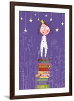 Cute Little Princess Girl Standing on Stack of Books in Pajamas. Child Reading Fairy Tales before G-Popmarleo-Framed Art Print