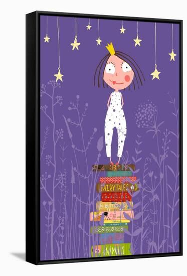 Cute Little Princess Girl Standing on Stack of Books in Pajamas. Child Reading Fairy Tales before G-Popmarleo-Framed Stretched Canvas