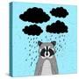 Cute Little Raccoon with Rainy Clouds and Speech Bubbles . Vector Animal Illustration .Greeting Car-Maria Sem-Stretched Canvas