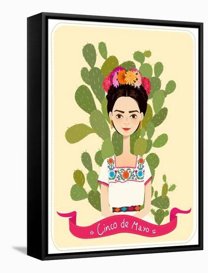 Cute Mexican Girl in an Ancient Dress. Cactus in the Background. Text Fifth of May. Vector Illustra-Salvadorova-Framed Stretched Canvas