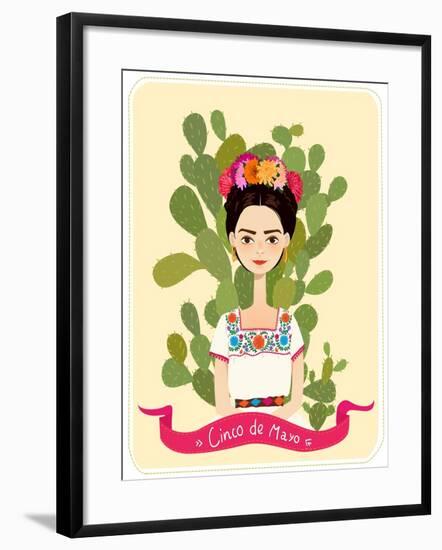 Cute Mexican Girl in an Ancient Dress. Cactus in the Background. Text Fifth of May. Vector Illustra-Salvadorova-Framed Art Print