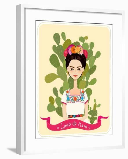 Cute Mexican Girl in an Ancient Dress. Cactus in the Background. Text Fifth of May. Vector Illustra-Salvadorova-Framed Art Print