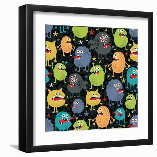 Cute Monsters Seamless Texture with Stars.-panova-Framed Art Print