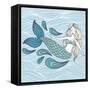 Cute Mystical Mermaid.Deep Ocean.Vector Illustration.Waves Background.-Maria Sem-Framed Stretched Canvas