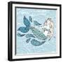 Cute Mystical Mermaid.Deep Ocean.Vector Illustration.Waves Background.-Maria Sem-Framed Art Print