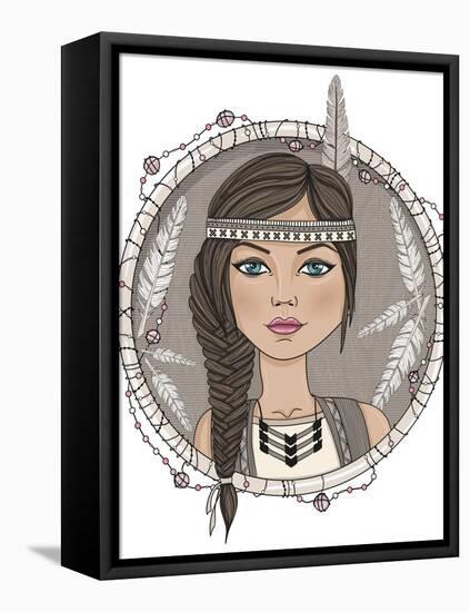 Cute Native American Girl And Feathers Frame-cherry blossom girl-Framed Stretched Canvas