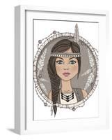 Cute Native American Girl And Feathers Frame-cherry blossom girl-Framed Art Print