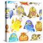 Cute Owl Seamless Pattern. Watercolor Bird Illustration.-Faenkova Elena-Stretched Canvas