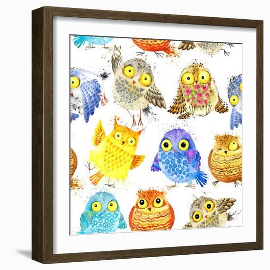 Cute Owl Seamless Pattern. Watercolor Bird Illustration.-Faenkova Elena-Framed Art Print