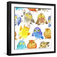 Cute Owl Seamless Pattern. Watercolor Bird Illustration.-Faenkova Elena-Framed Art Print