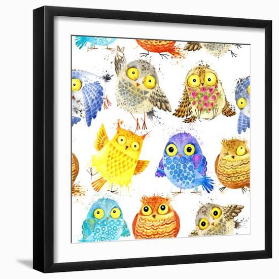 Cute Owl Seamless Pattern. Watercolor Bird Illustration.-Faenkova Elena-Framed Art Print