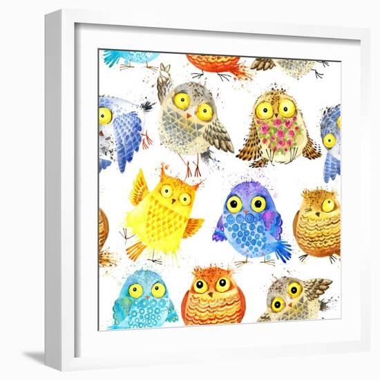 Cute Owl Seamless Pattern. Watercolor Bird Illustration.-Faenkova Elena-Framed Art Print