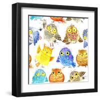 Cute Owl Seamless Pattern. Watercolor Bird Illustration.-Faenkova Elena-Framed Art Print