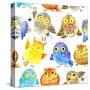 Cute Owl Seamless Pattern. Watercolor Bird Illustration.-Faenkova Elena-Stretched Canvas