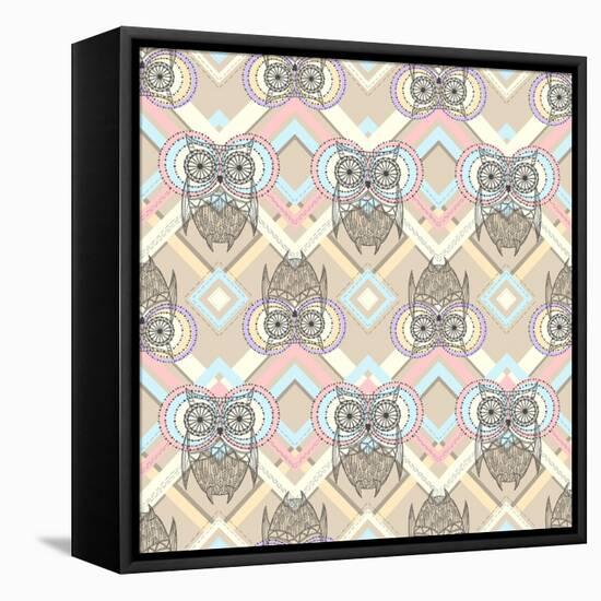 Cute Owl Seamless Pattern with Native Elements-cherry blossom girl-Framed Stretched Canvas