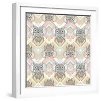 Cute Owl Seamless Pattern with Native Elements-cherry blossom girl-Framed Art Print