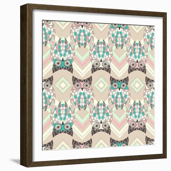 Cute Owl Seamless Pattern with Native Elements-cherry blossom girl-Framed Premium Giclee Print