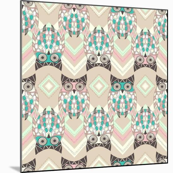 Cute Owl Seamless Pattern with Native Elements-cherry blossom girl-Mounted Premium Giclee Print
