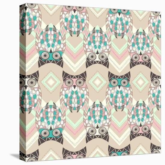 Cute Owl Seamless Pattern with Native Elements-cherry blossom girl-Stretched Canvas