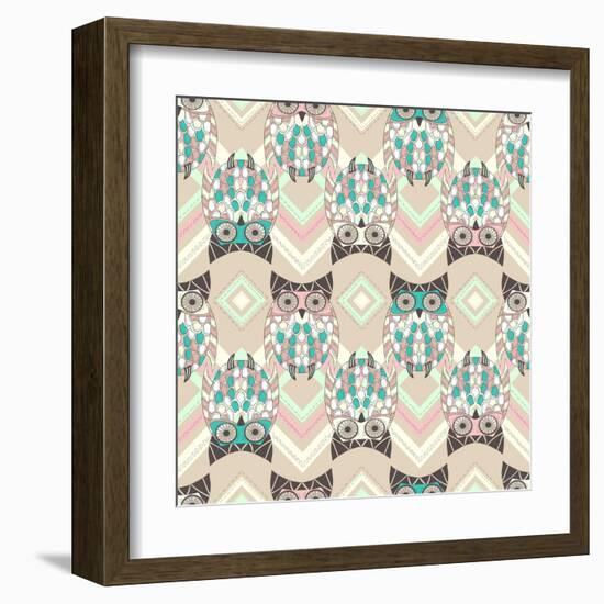 Cute Owl Seamless Pattern with Native Elements-cherry blossom girl-Framed Art Print