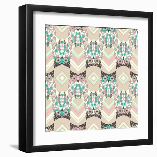 Cute Owl Seamless Pattern with Native Elements-cherry blossom girl-Framed Art Print