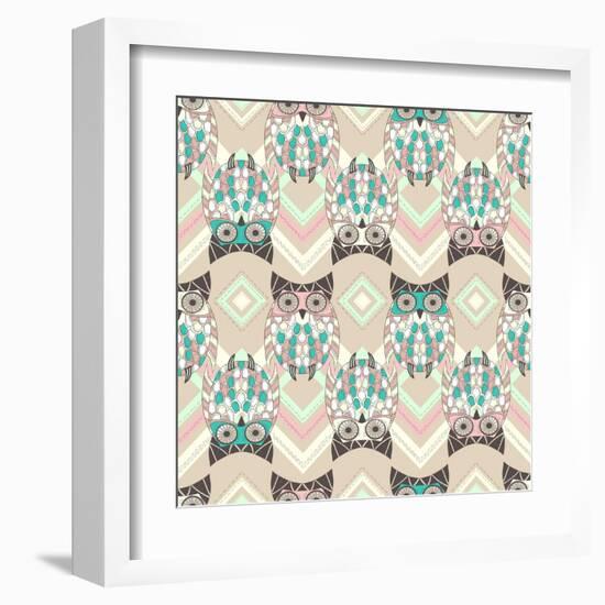 Cute Owl Seamless Pattern with Native Elements-cherry blossom girl-Framed Art Print