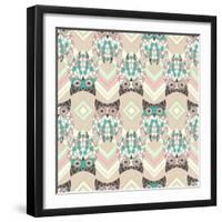 Cute Owl Seamless Pattern with Native Elements-cherry blossom girl-Framed Art Print