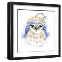 Cute Owl T-Shirt Graphics, Watercolor Forest Owl Illustration with Splash Watercolor Textured Backg-Faenkova Elena-Framed Art Print