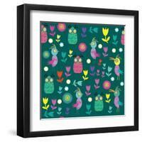 Cute Pattern with Cartoon Birds and Flowers-Luizavictorya72-Framed Art Print