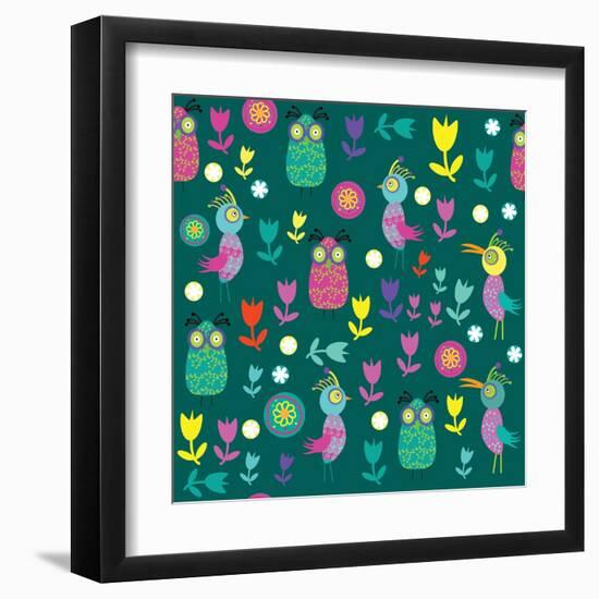 Cute Pattern with Cartoon Birds and Flowers-Luizavictorya72-Framed Art Print