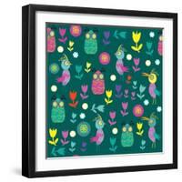 Cute Pattern with Cartoon Birds and Flowers-Luizavictorya72-Framed Art Print