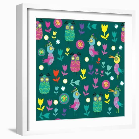 Cute Pattern with Cartoon Birds and Flowers-Luizavictorya72-Framed Art Print