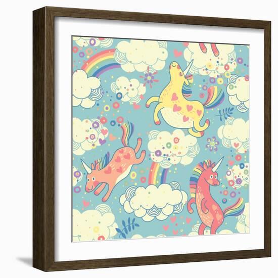 Cute Pattern with Rainbow Unicorns-Baksiabat-Framed Art Print