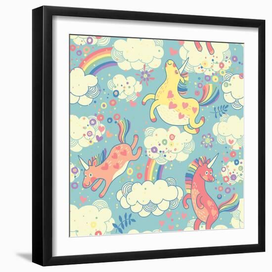 Cute Pattern with Rainbow Unicorns-Baksiabat-Framed Art Print