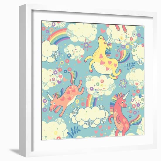 Cute Pattern with Rainbow Unicorns-Baksiabat-Framed Art Print