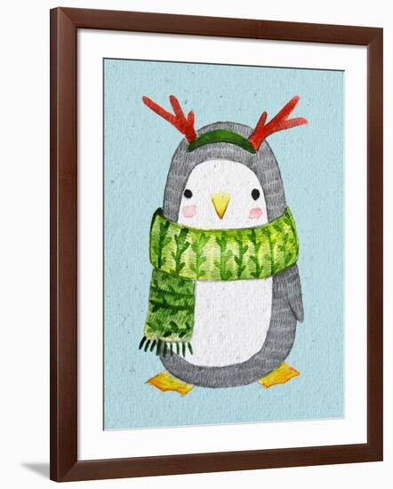 Cute Penguin in Scarf. Watercolor Illustration.Perfect for Christmas Cards.-Maria Sem-Framed Art Print