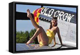 Cute Pin-Up Girl Sitting on the Wing of a P-51 Mustang-null-Framed Stretched Canvas
