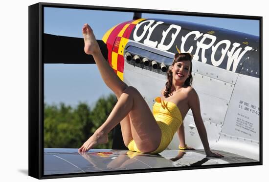 Cute Pin-Up Girl Sitting on the Wing of a P-51 Mustang-null-Framed Stretched Canvas