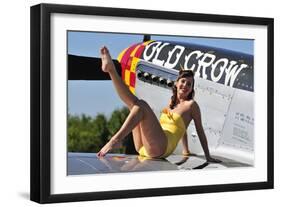 Cute Pin-Up Girl Sitting on the Wing of a P-51 Mustang-null-Framed Photographic Print