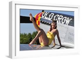 Cute Pin-Up Girl Sitting on the Wing of a P-51 Mustang-null-Framed Photographic Print